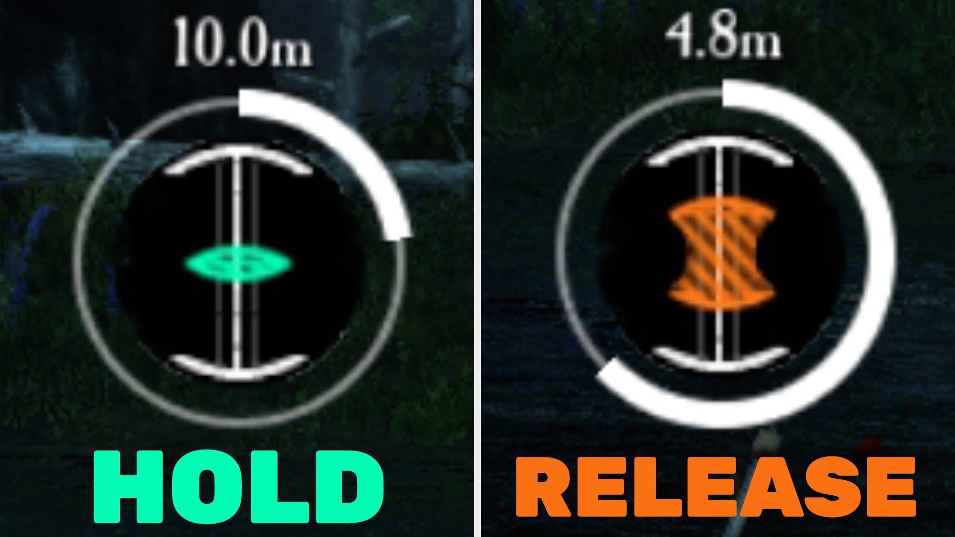A side-by-side comparison of the fishing icon in New World: green on the left, orange on the right.