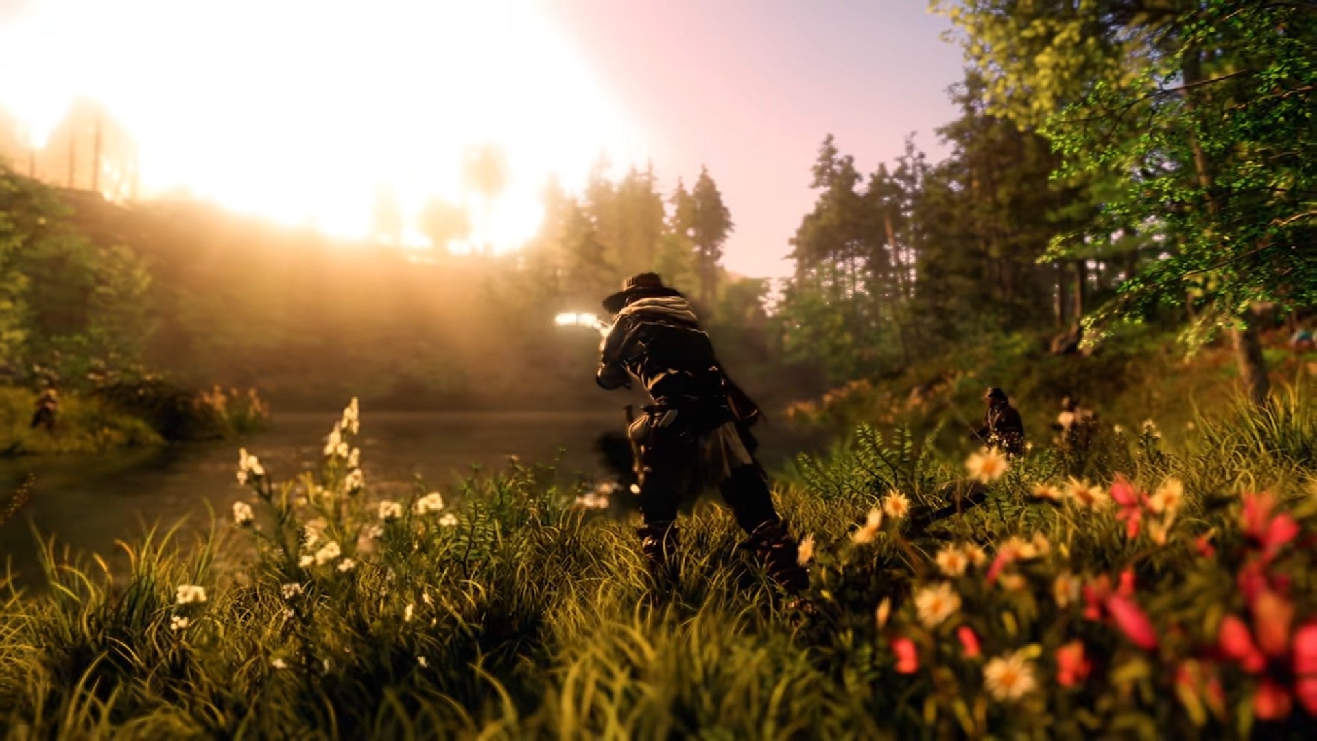 A New World character fishing at a riverbank at sunset.