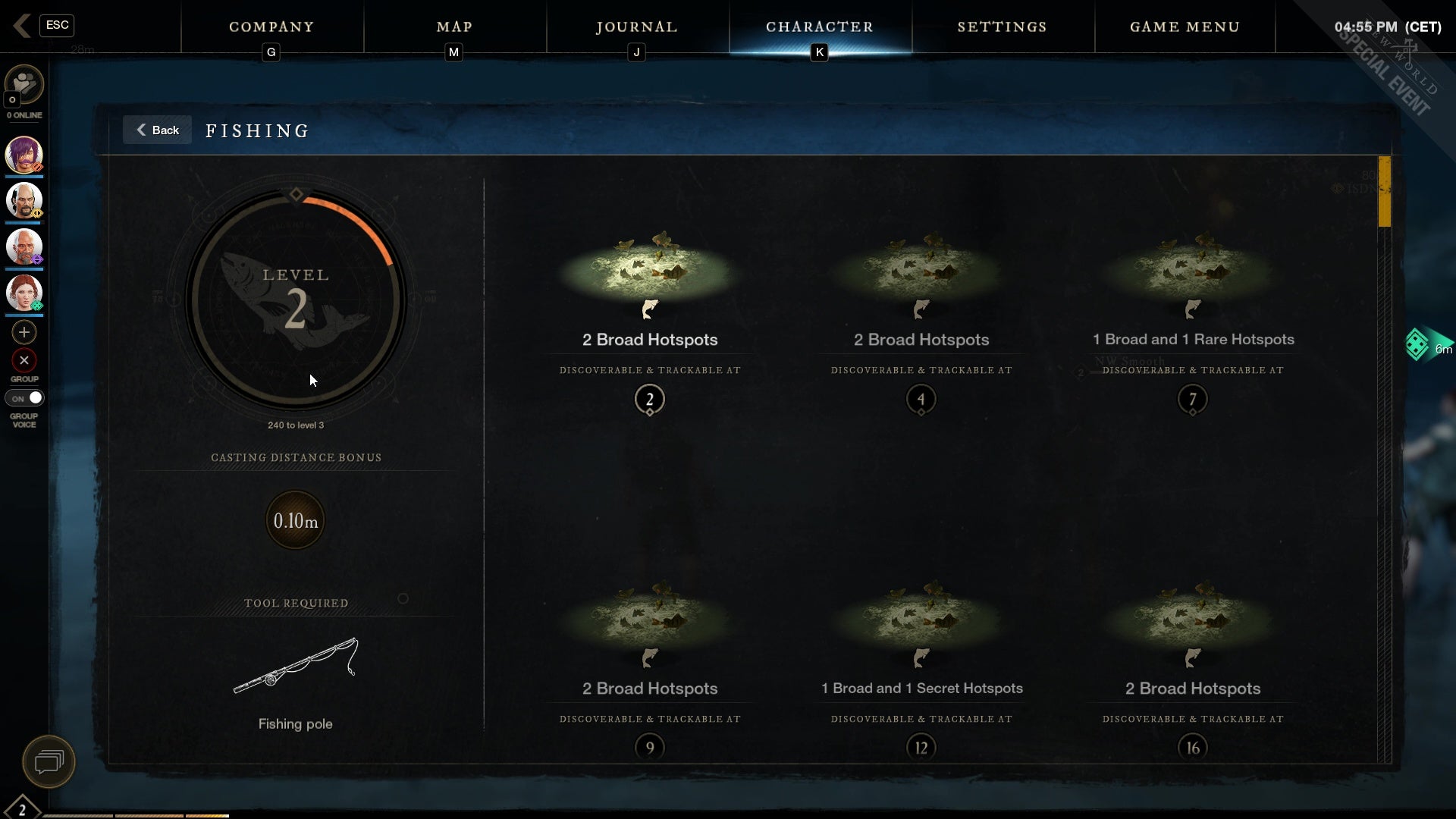 An image from New World which shows the fishing skill menu and the various unlocks available.