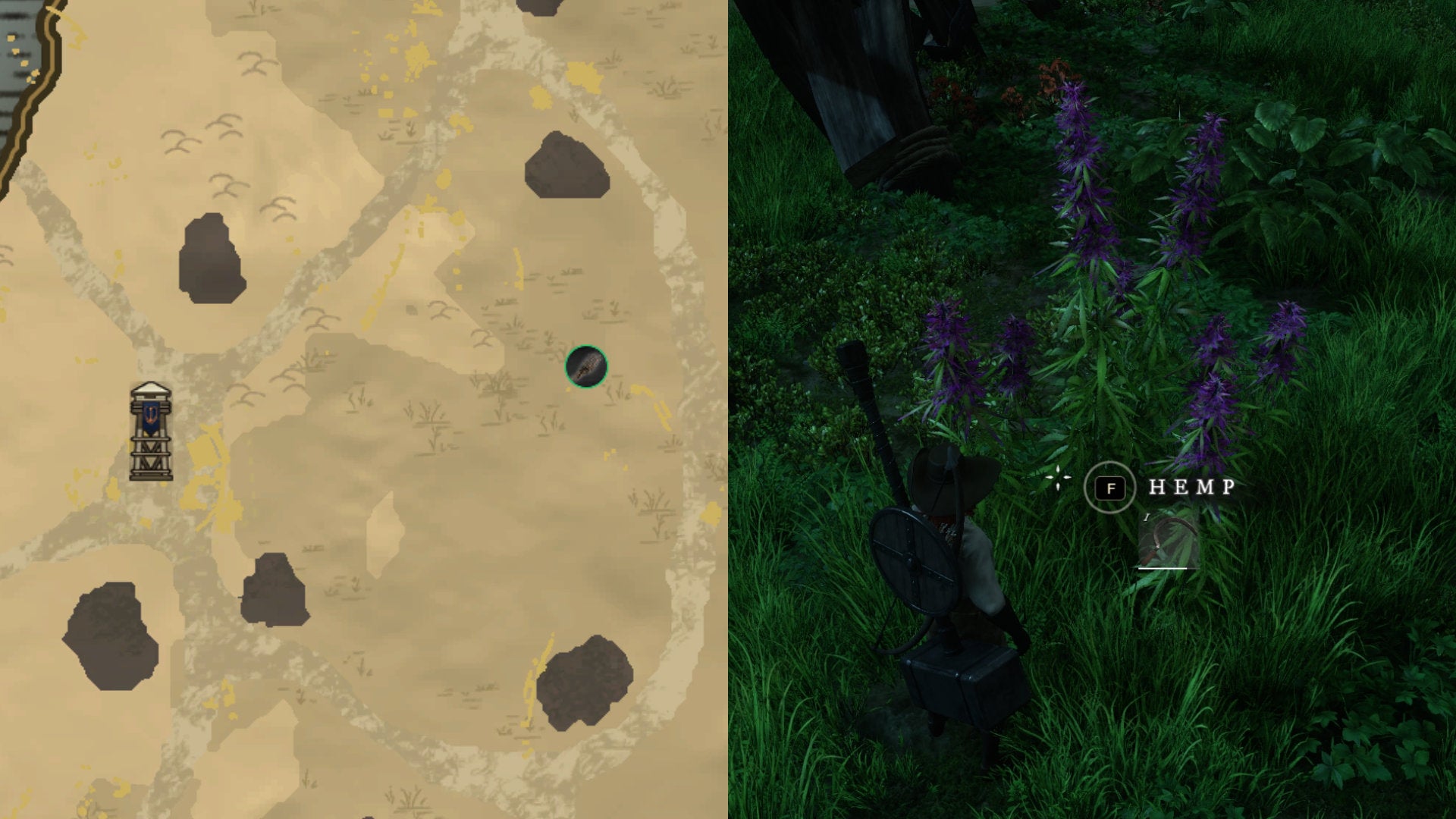 Left: part of the New World map showing the location of Hemp next to Monarch's Bluffs Watchtower. Right: a close-up of the Hemp in-game.