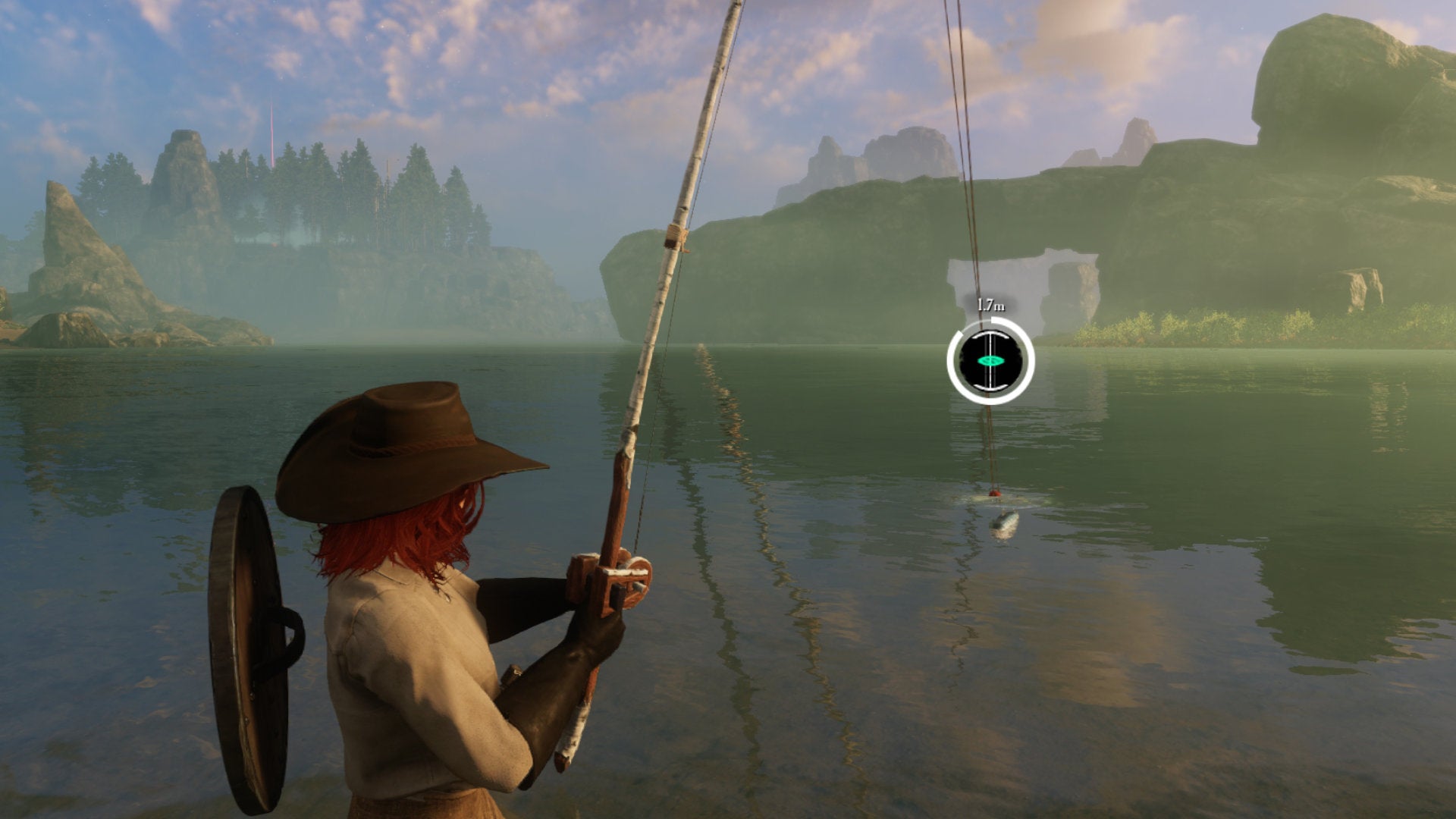 A player fishing in New World near Monarch's Bluffs Watchtower.