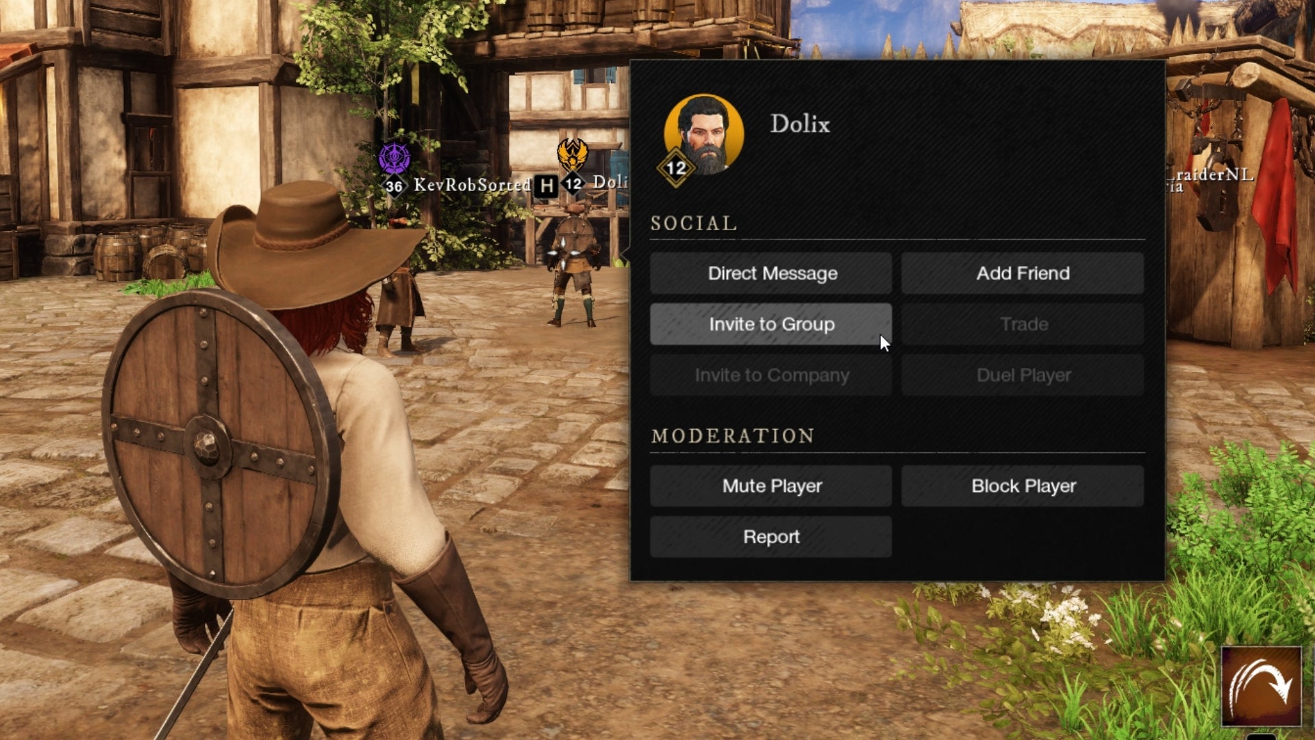A screenshot showing how to invite a player into your group in New World.