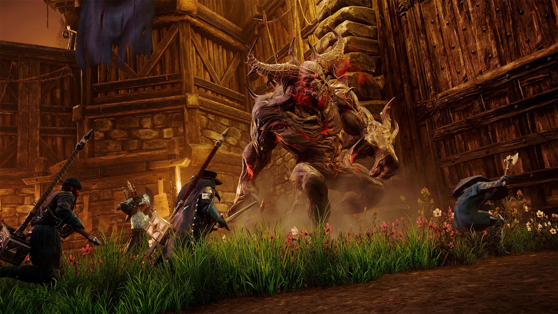 A Corrupted Boss looms over several player-controlled heroes on New World.