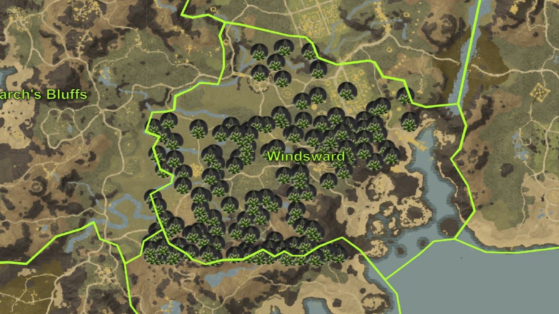 A zoomed-in map section of New World's Windsward region, showing Fronded Petalcap resource spawn locations.