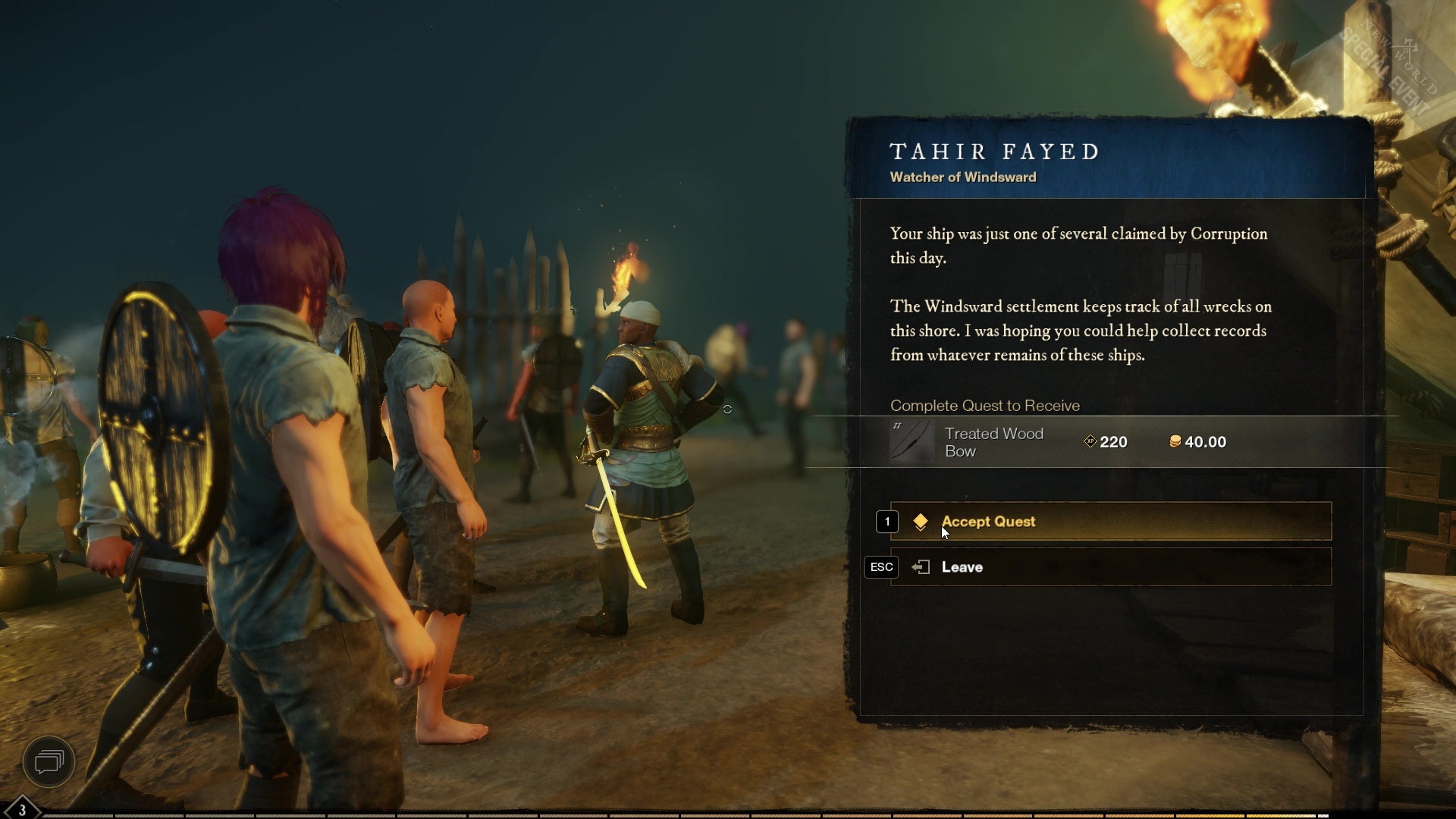 An image from New World which shows players standing on a dark shore accepting a quest from the same quest-giver.