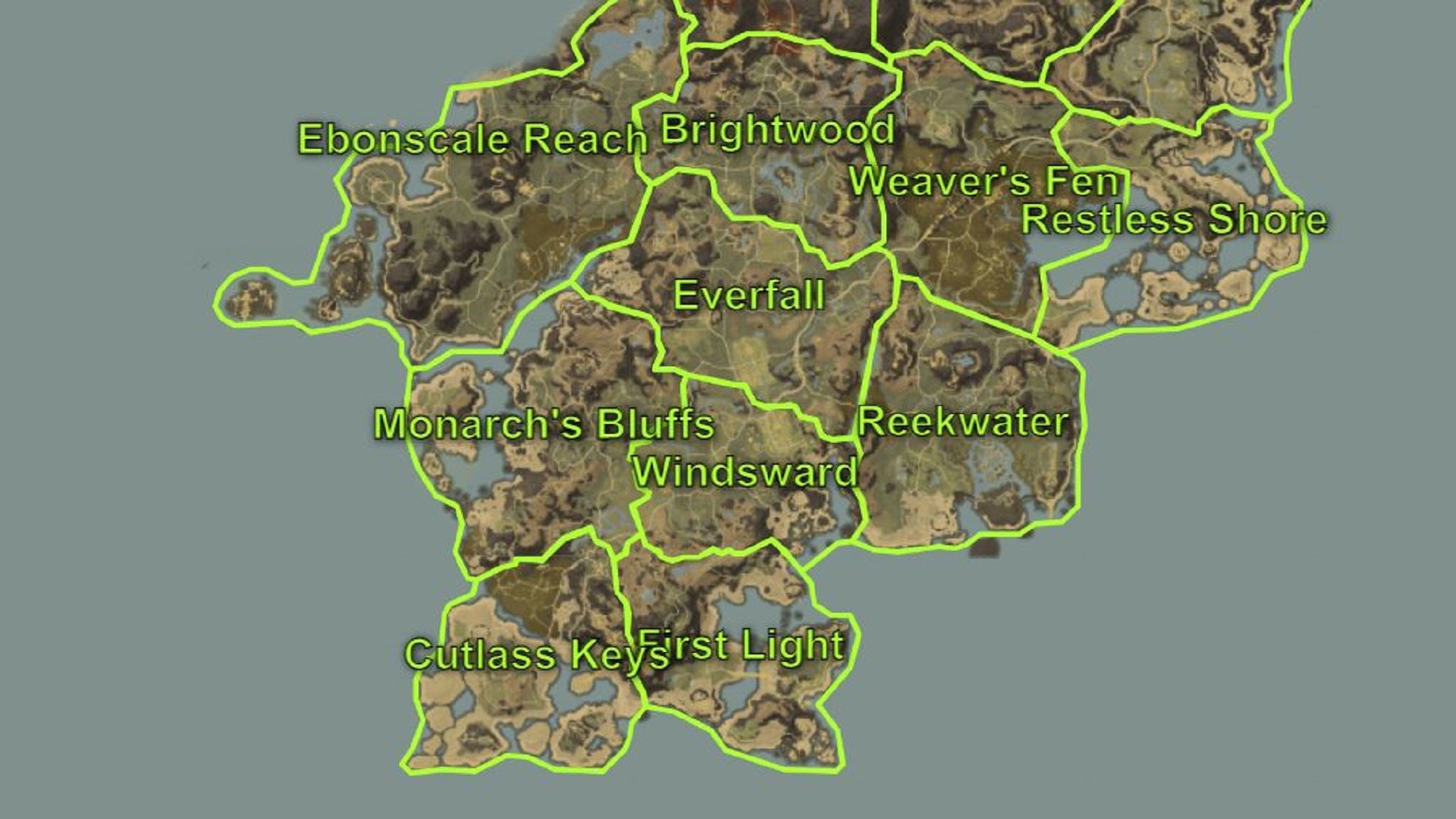 A map of Aeternum in New World, focussed on the starting zones in the southern part of the map.
