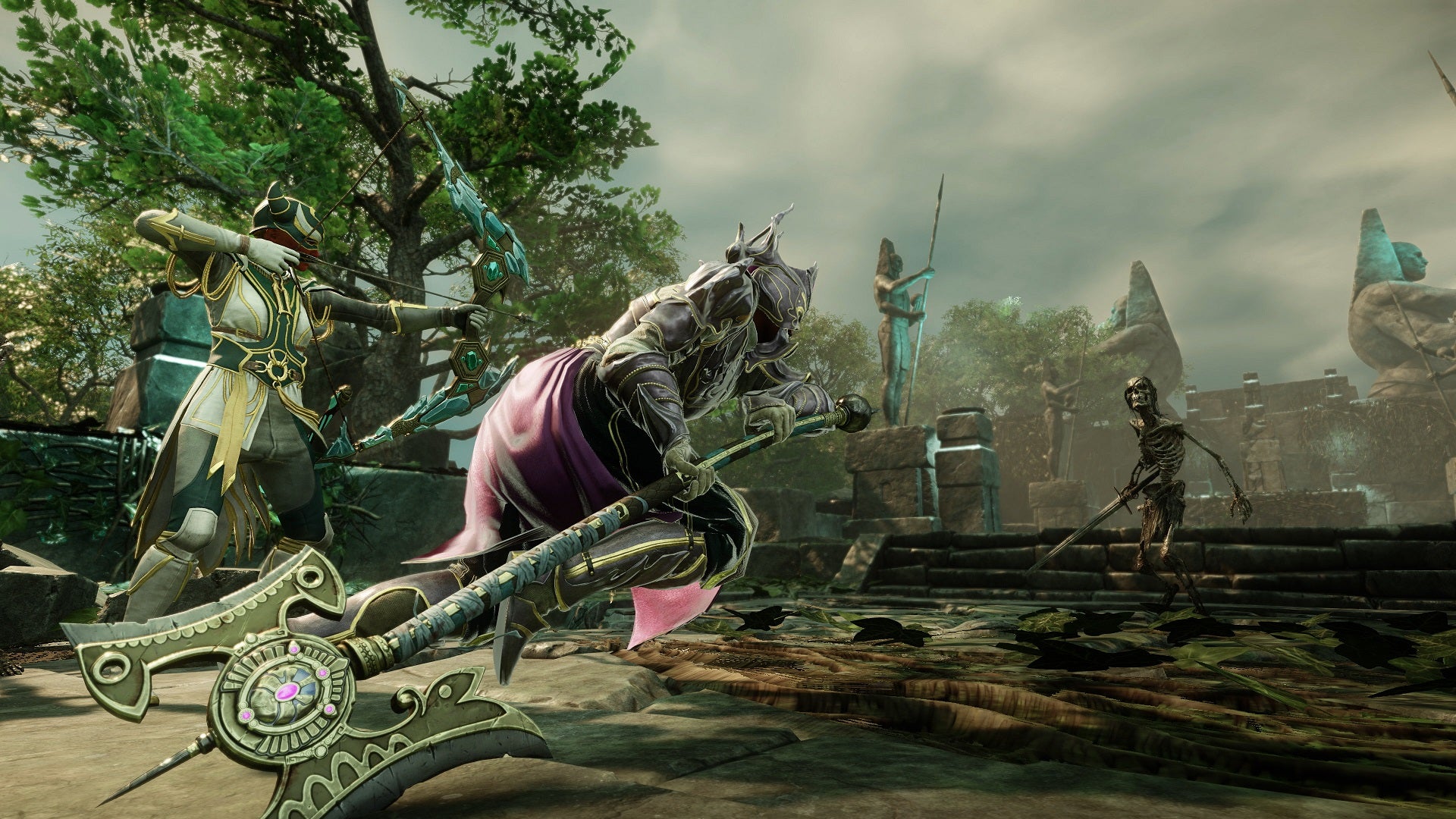 Dois personagens do Novo Mundo com armaduras pesadas lutam contra um inimigo esqueleto.  Um carrega um arco e flecha, o outro tem um machado de batalha.