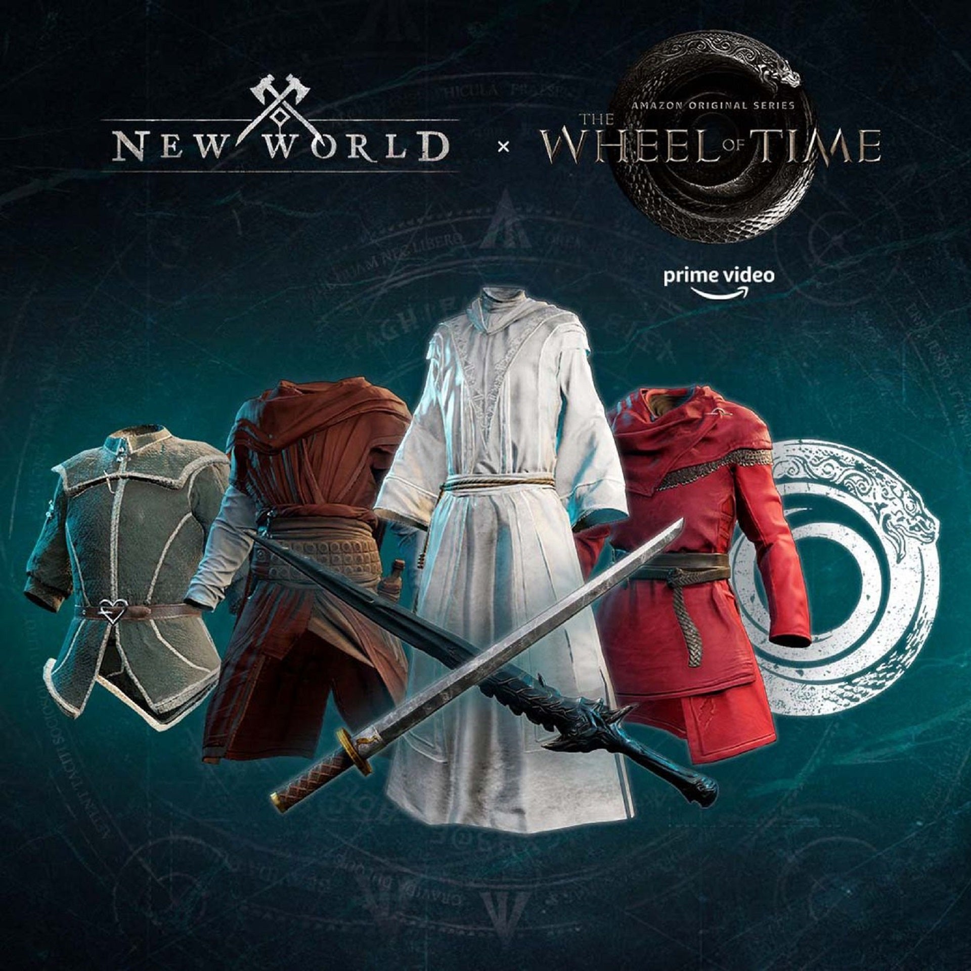 A promotional image for the New World Wheel of Time Crossover event, displaying the Amazon logo and the seven items available to claim in-game, including four coats, two swords, and a decal.