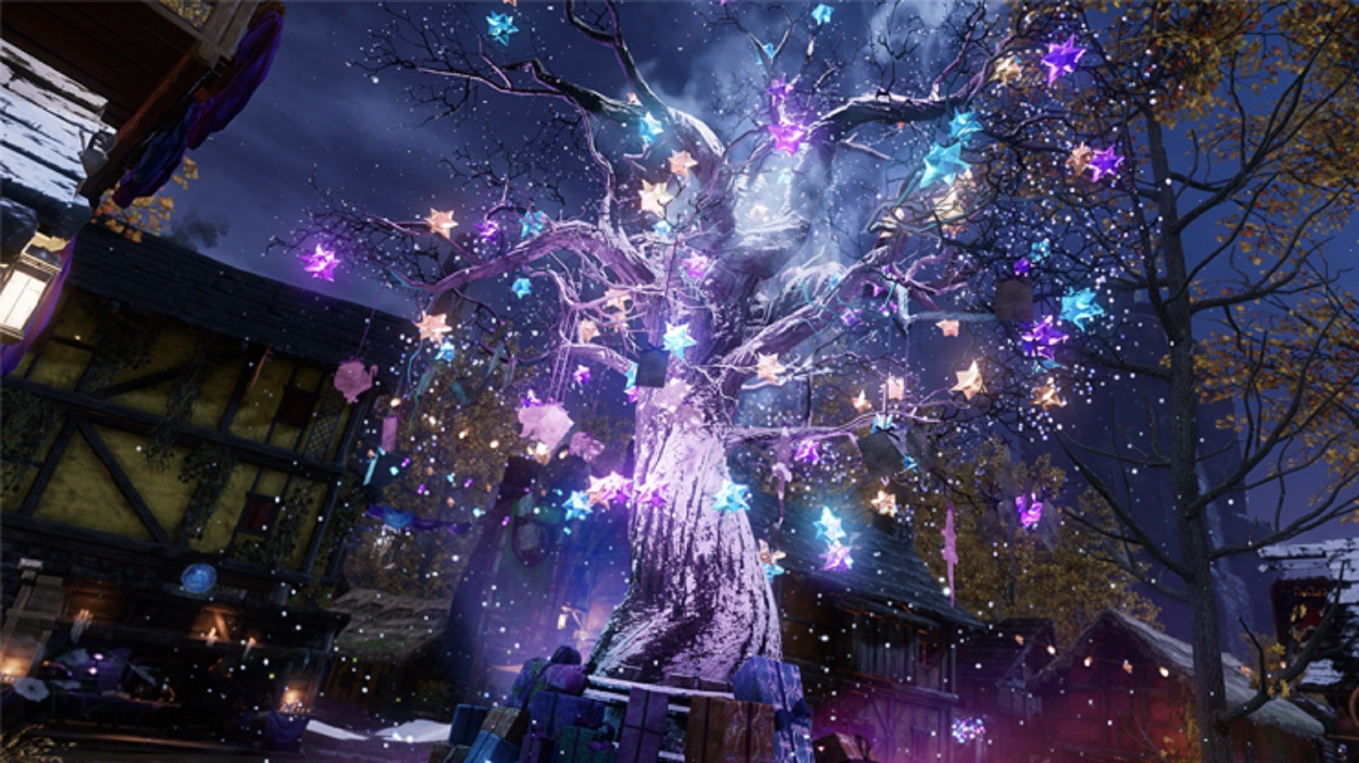 In a New World township, a bare-branched tree is decorated with festive lights and surrounded by snowfall.