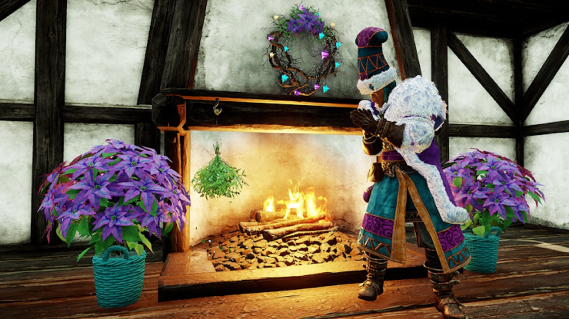 A Santa-like New World character warms his hands by a roaring fire, flanked by Poinsettias, wreaths, and mistletoe.