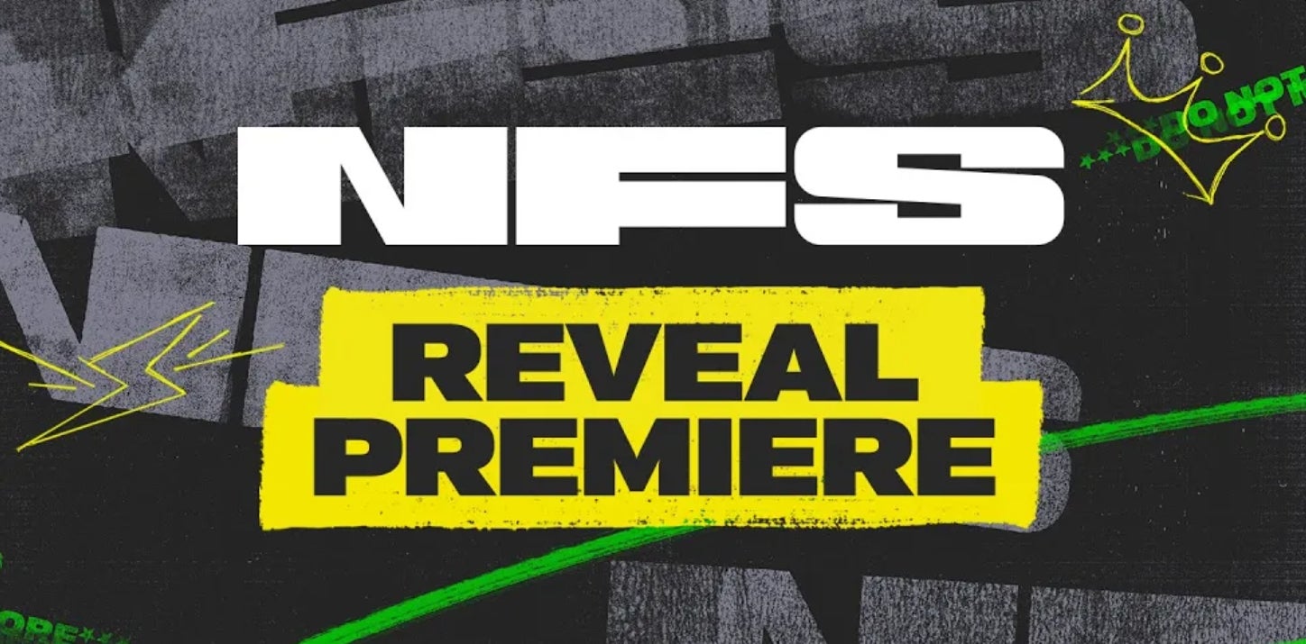 A logo for Need For Speed, which reads "NFS", under which the words "Reveal Premiere" are written on yellow.