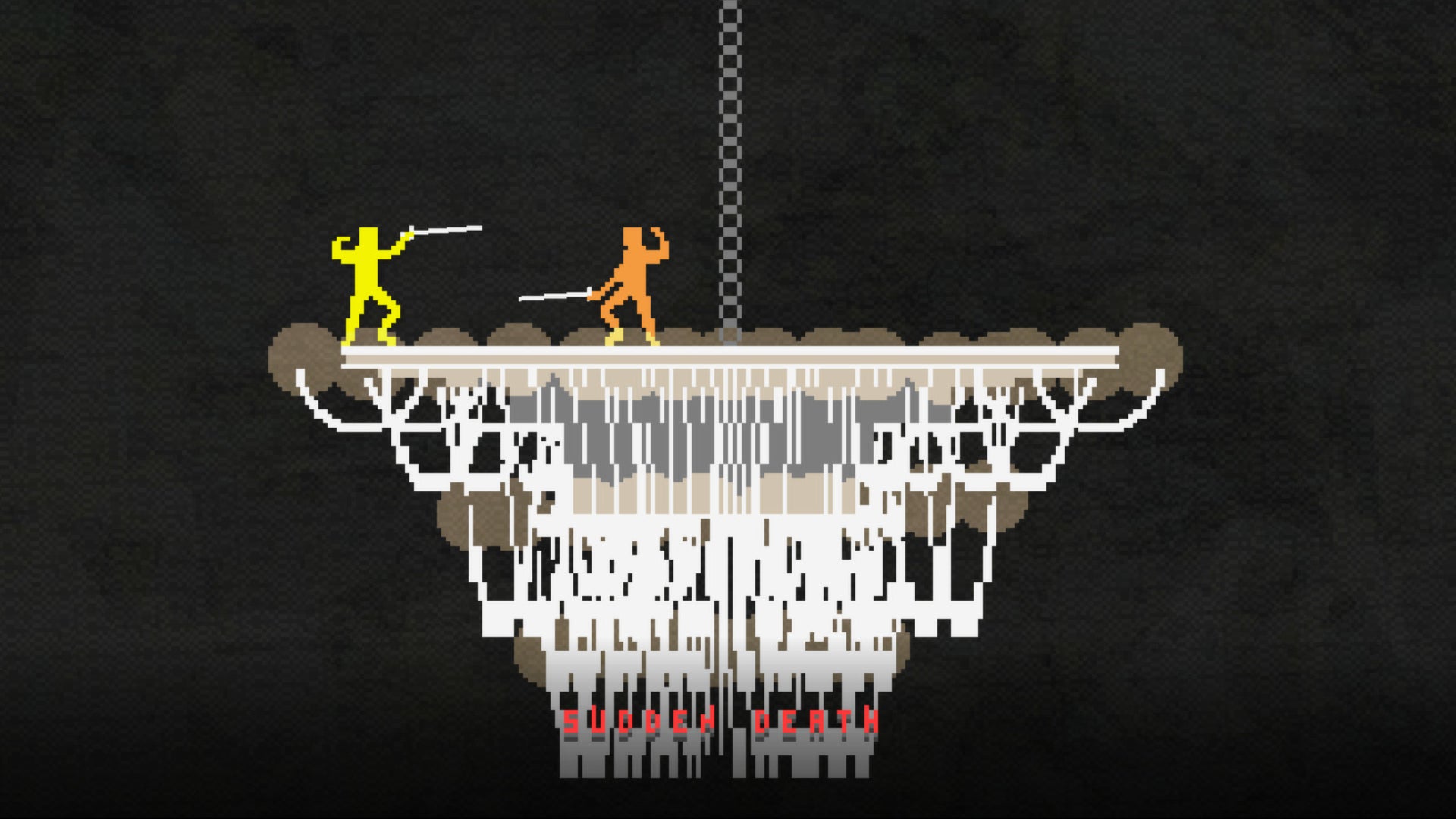 Two sword-wielding stick figures fight each other atop a giant chandelier in Nidhogg.