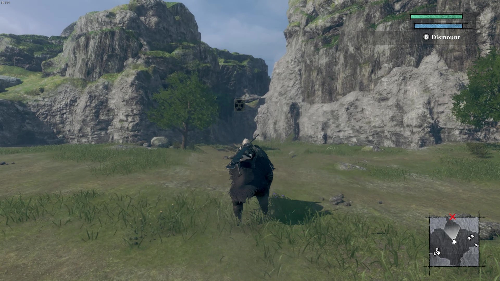 A screenshot of NieR Replicant which shows me riding on a huge boar through a lush, green field.