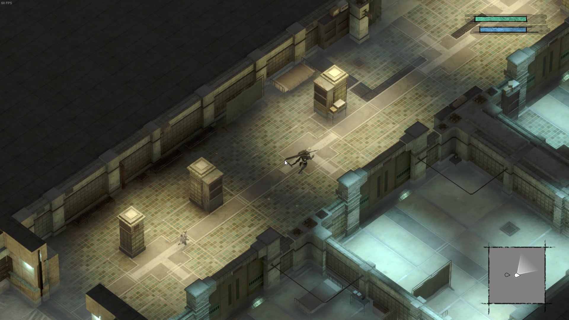 A top down view of NieR Replicant which shows me exploring a cold, grey facility of some kind.