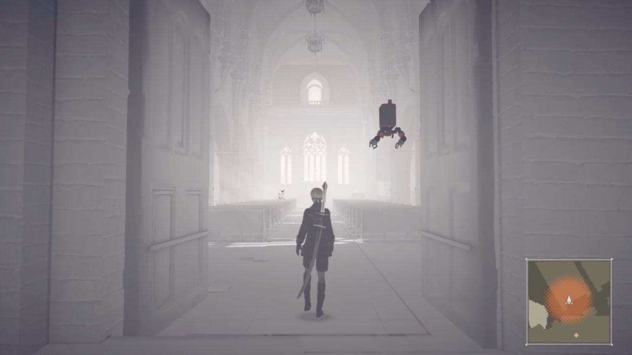 A2 steps into a mysterious church building in what appears to be Nier: Atomata's Copied City