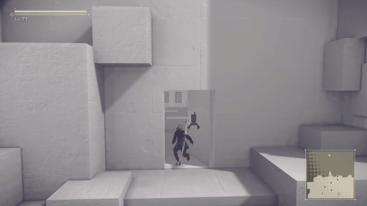 A2 in a mod of Nier: Automata slipping through a secret door in a wall