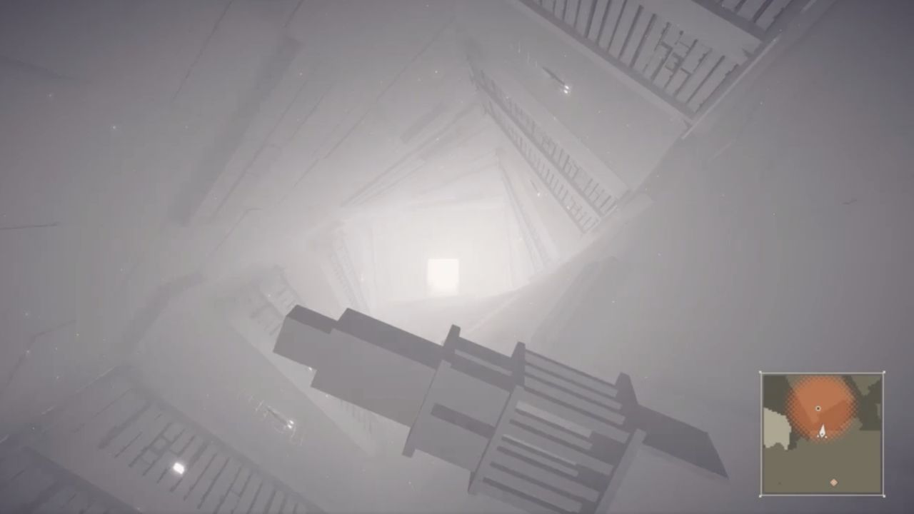 A modded tunnel of grey walls in Nier: Automata, with a strange tower sticking up from an angle