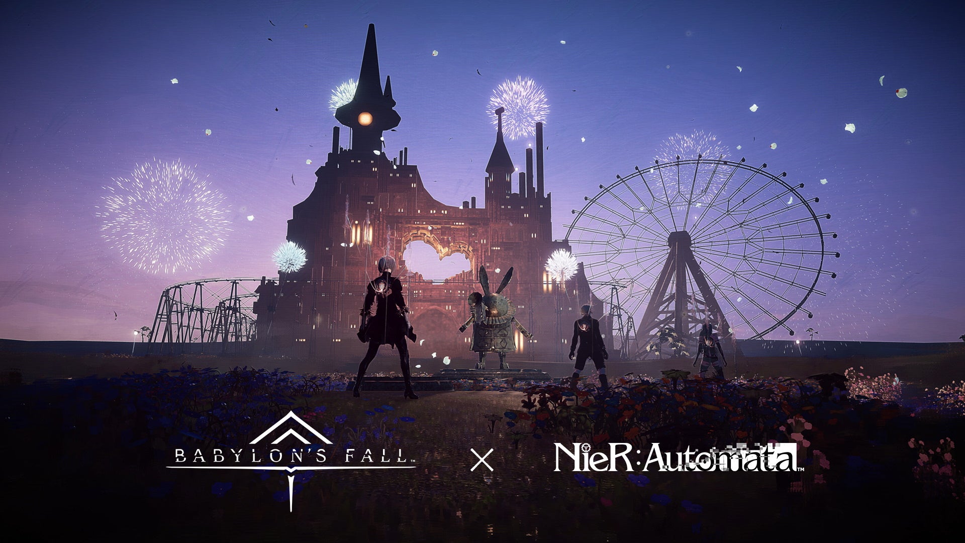 Babylon's Fall characters dressed as NieR Automata's 9S, A2, and 2B stand alongside an android and look out at NieR's Amusement Park.