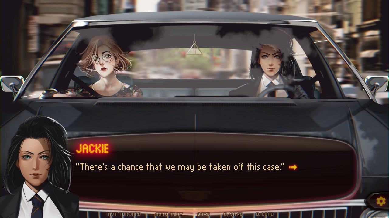 A screenshot of Night Cascades, showing protagonists Jackie and Diane in their car, discussing the supernatural case they're investigating.
