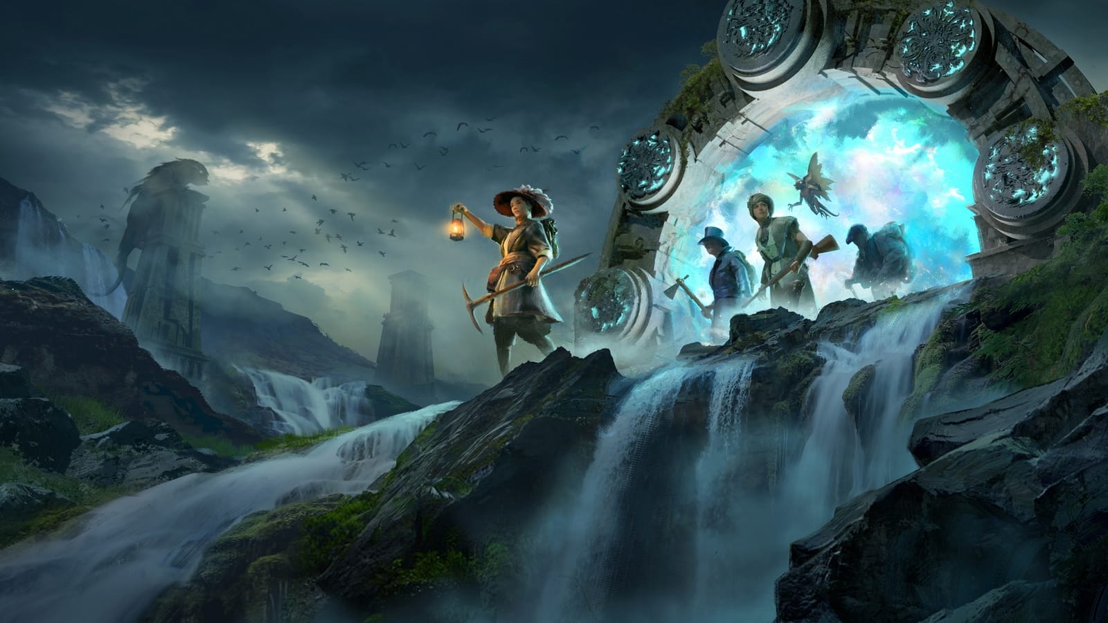 Adventurers step through a portal in Nightingale concept art.