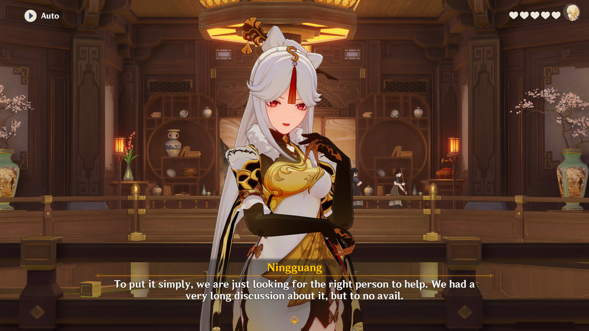Ningguang speaks to the player in the Jade Chamber during her Hangout Event.