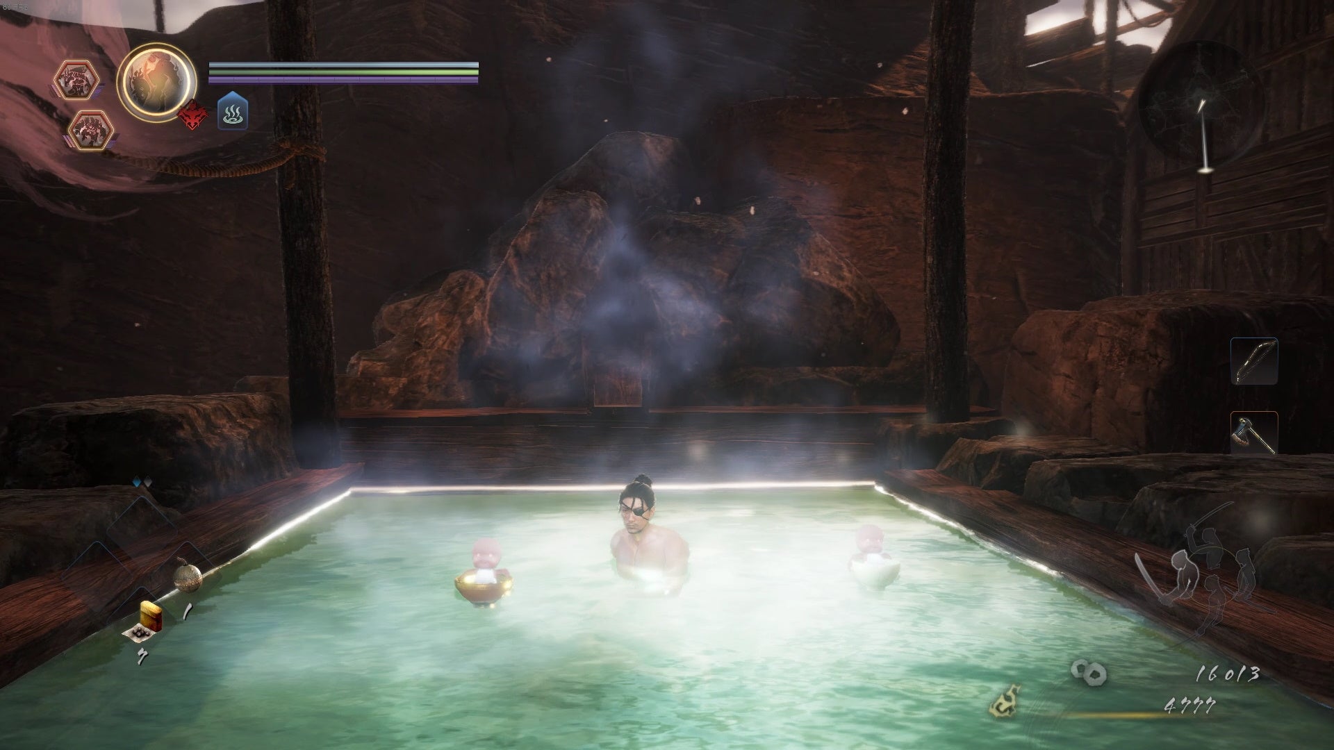My character bathes in a hot spring. Two little kodama spirits relax in their bowls beside me.