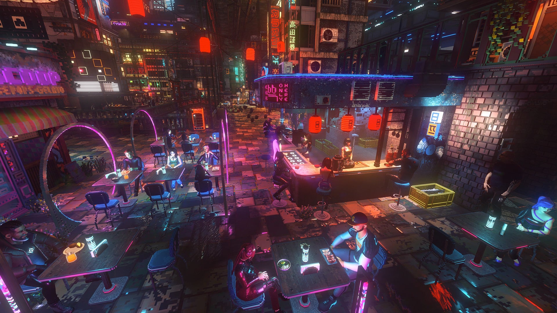 A bustling cyberpunk bar in a Nivalis screenshot.