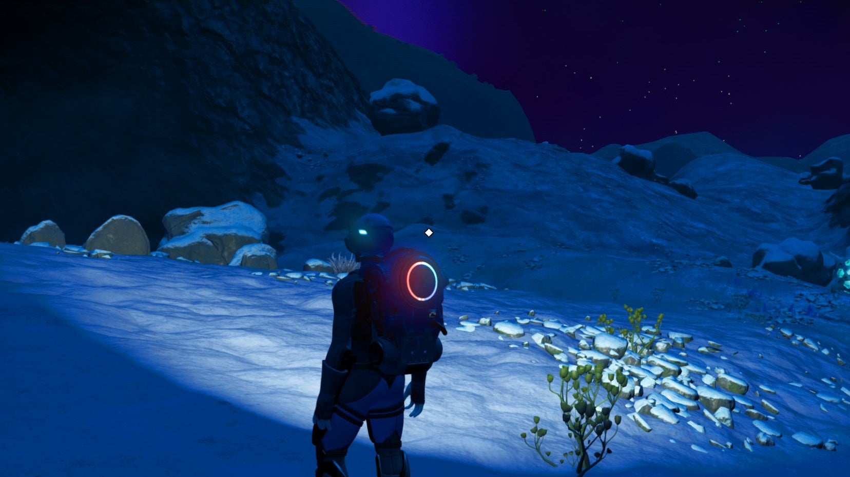 No Man's Sky - The player stands on a dark and snowy planet alone.