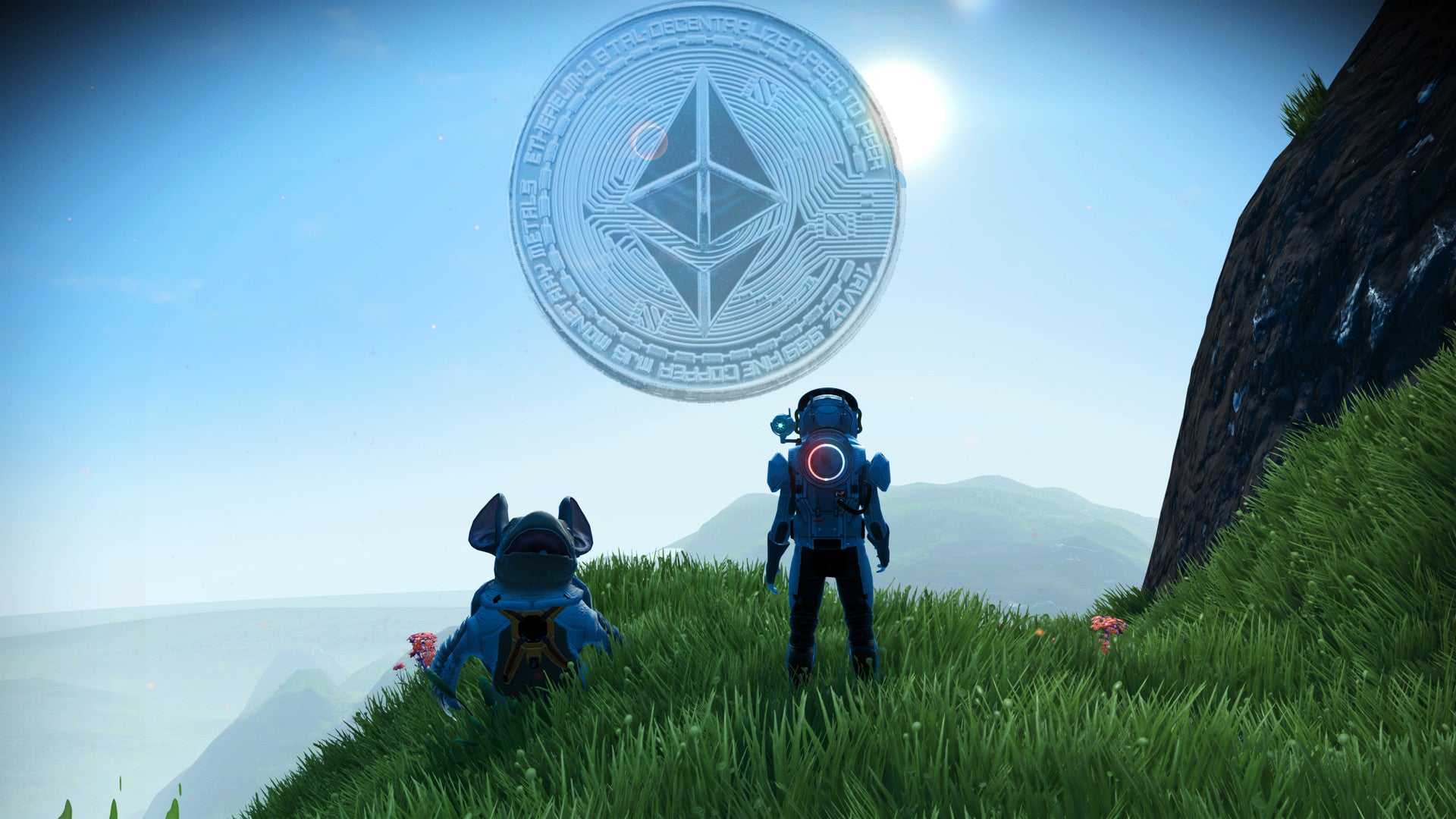 A scene from No Man's Sky where a player stands on a hill looking at a distant planet in a hazy blue sky, except the planet is an Etherium coin