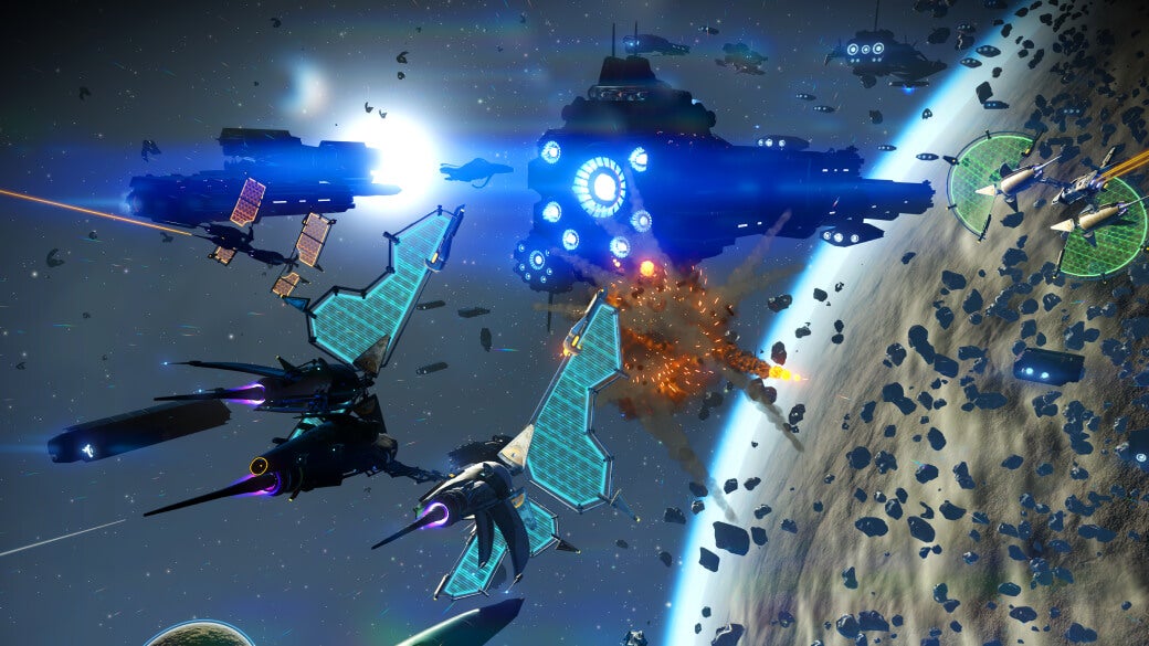 Spaceship combat in the No Man's Sky Outlaws update.