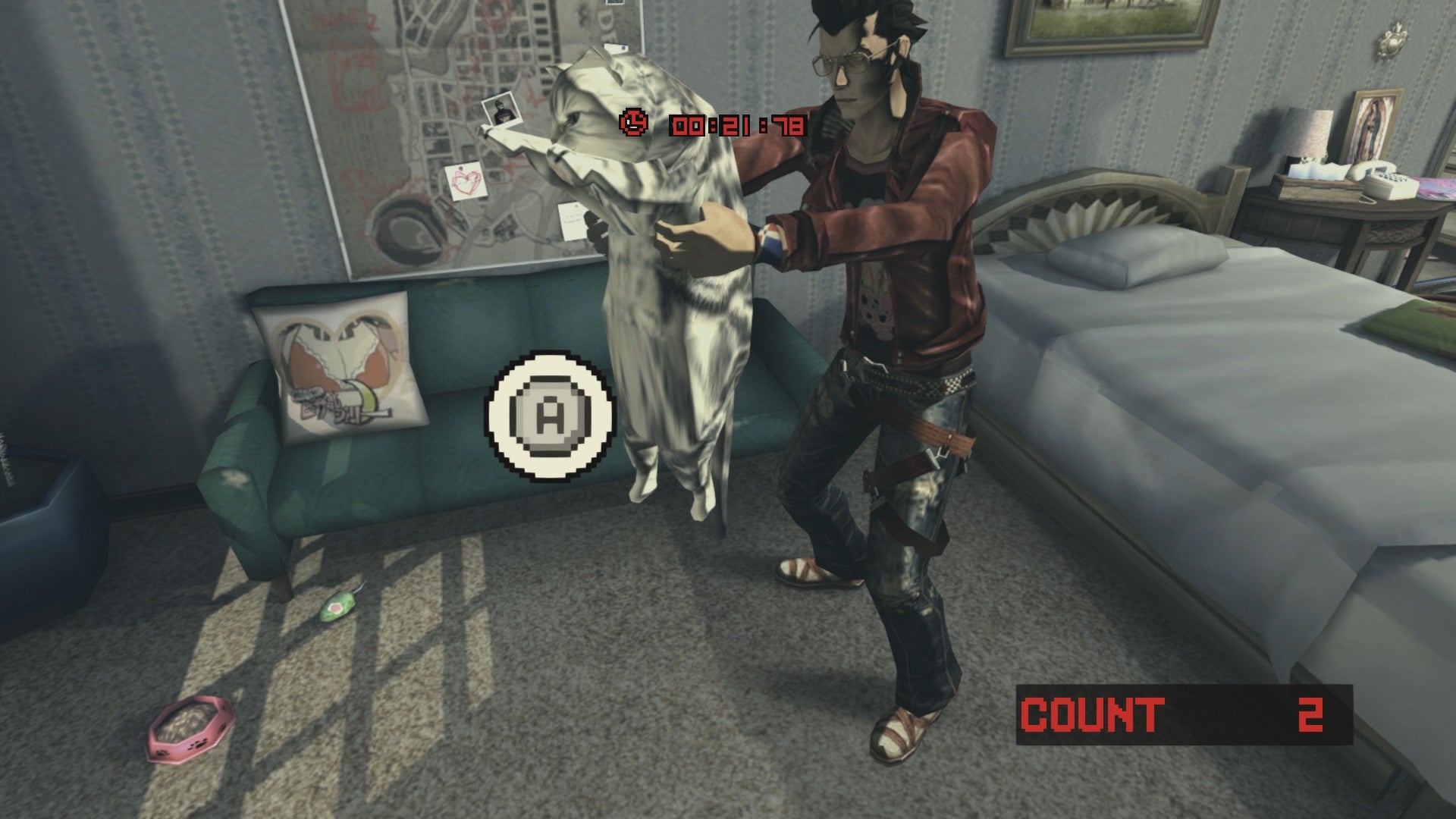 Travis Touchdown shakes his cat, Jeane, in a No More Heroes 2 screenshot.