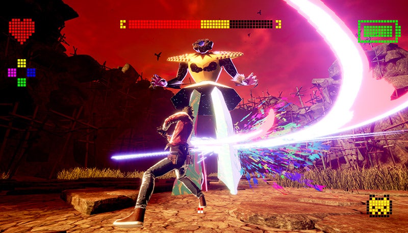 A screenshot of No More Heroes 3 showing Travis swiping at the legs of a giant enemy against the backdrop of a ruined city and red sky.