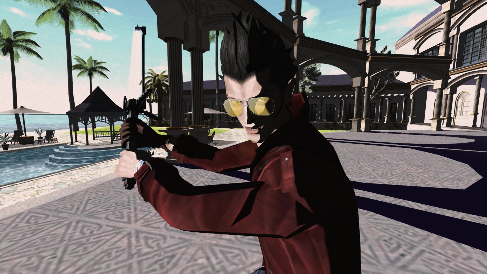 A screenshot from No More Heroes which shows Travis Touchdown raise his beam katana with both hands, ready for a fight.
