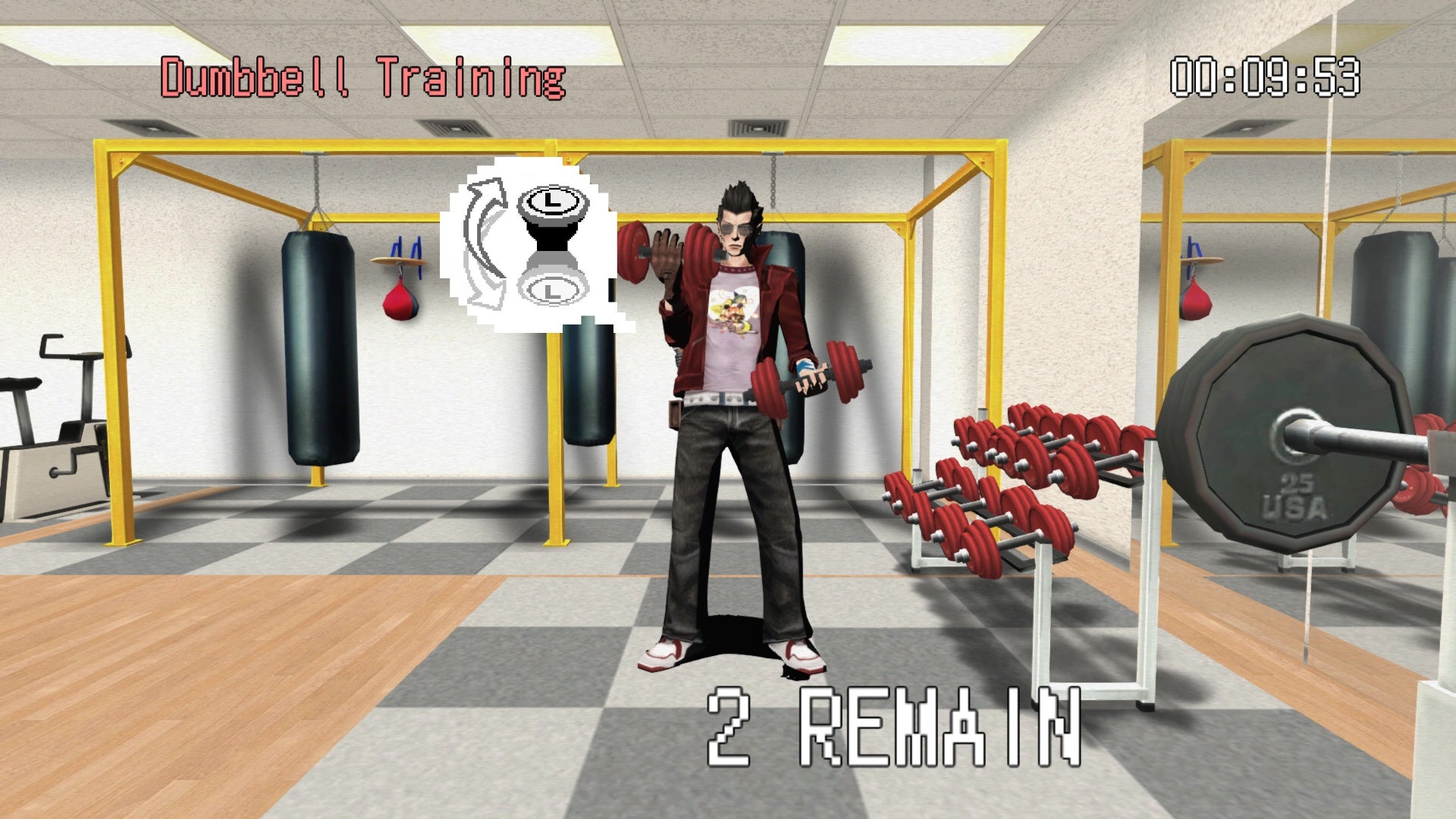 A screenshot from No More Heroes which shows Travis doing bicep curls in a gym to train his muscles.