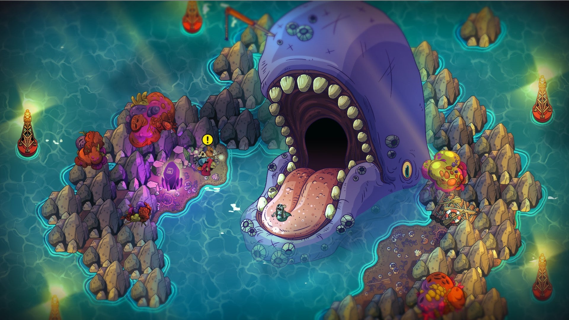 The Mermaid sits on the tongue of a massive purple whale in Nobody Saves The World.