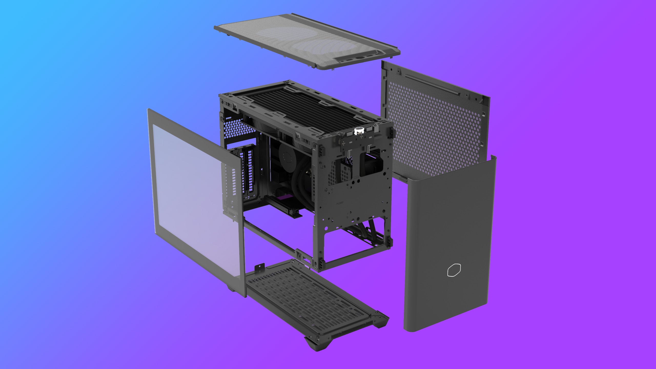 a photo of a cooler master nr200p itx pc case, exploded to show its easy accessibility and glass side panel