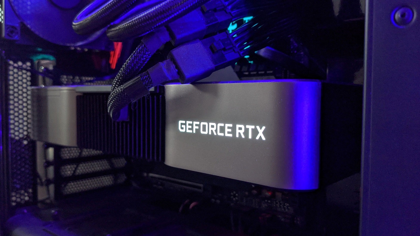 An Nvidia GeForce RTX 3090 Founders Edition, installed in a PC.