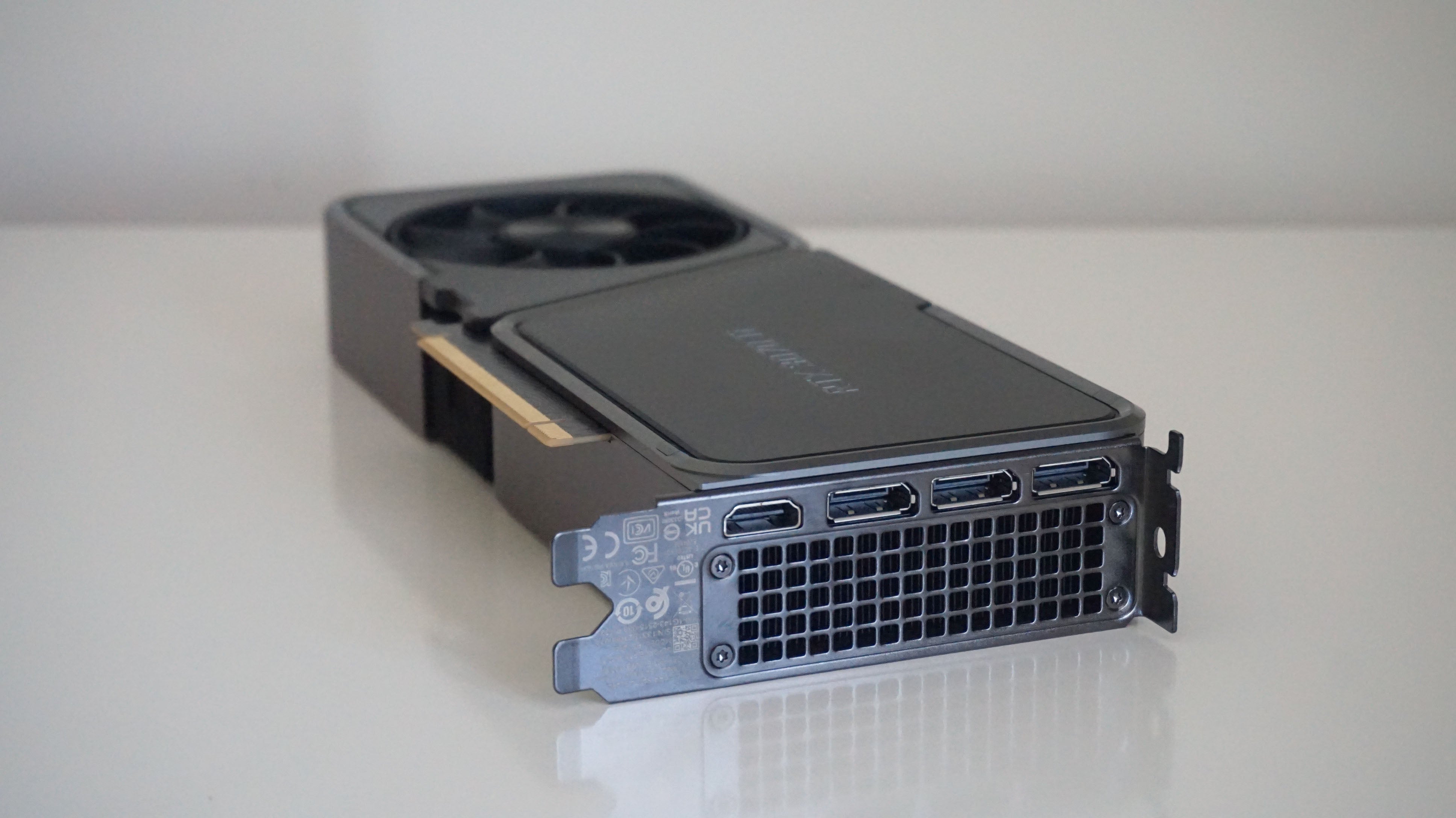 A photo of Nvidia's GeForce RTX 3070 Ti Founders Edition graphics card's display outputs