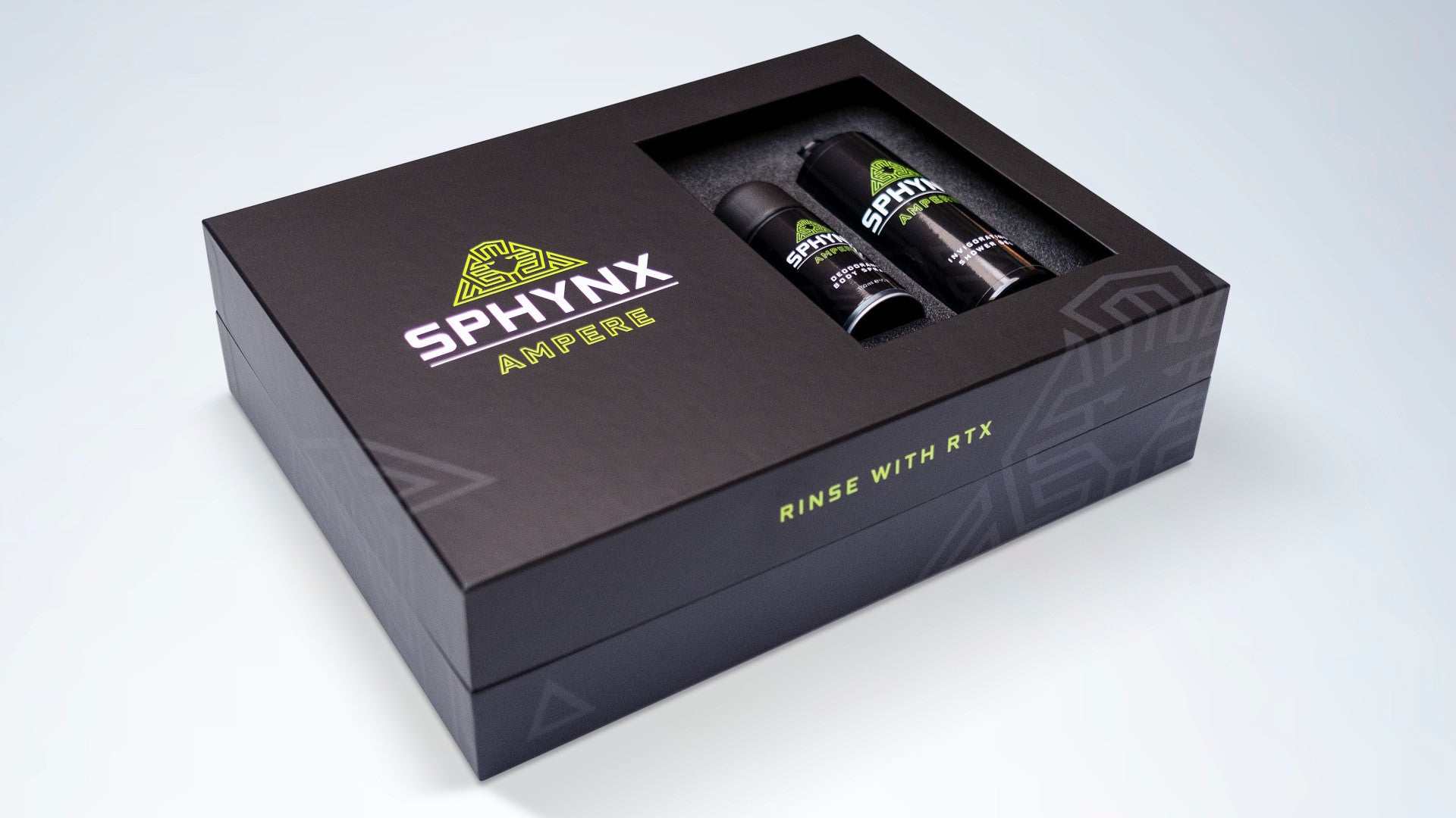 A photo of Nvidia Sphynx Ampere-branded deodorant and shower gel.