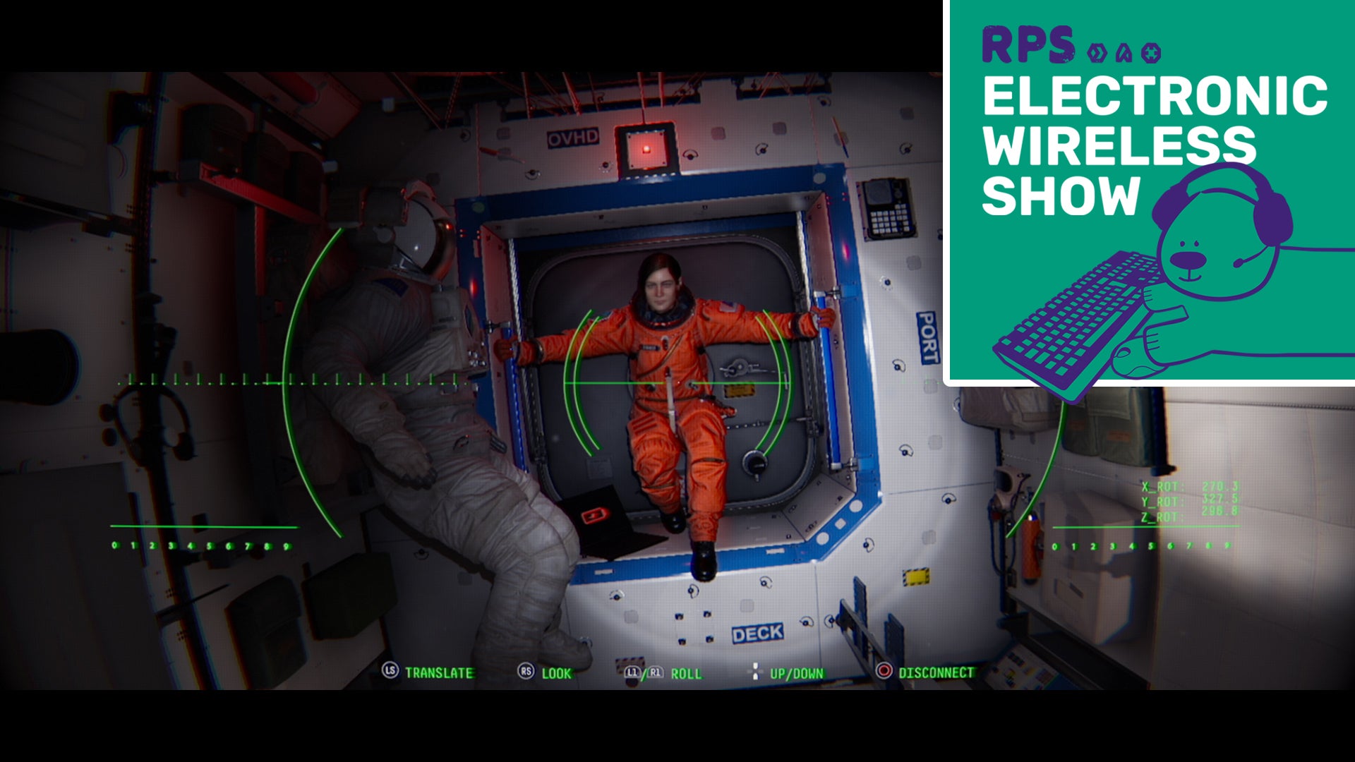 A screenshot of Observation where the player, as AI S.A.M., watches Dr. Emma Fisher move through cramped pods in the spacestation. The Electronic Wireless Show podcast logo is overlaid on the upper right corner.