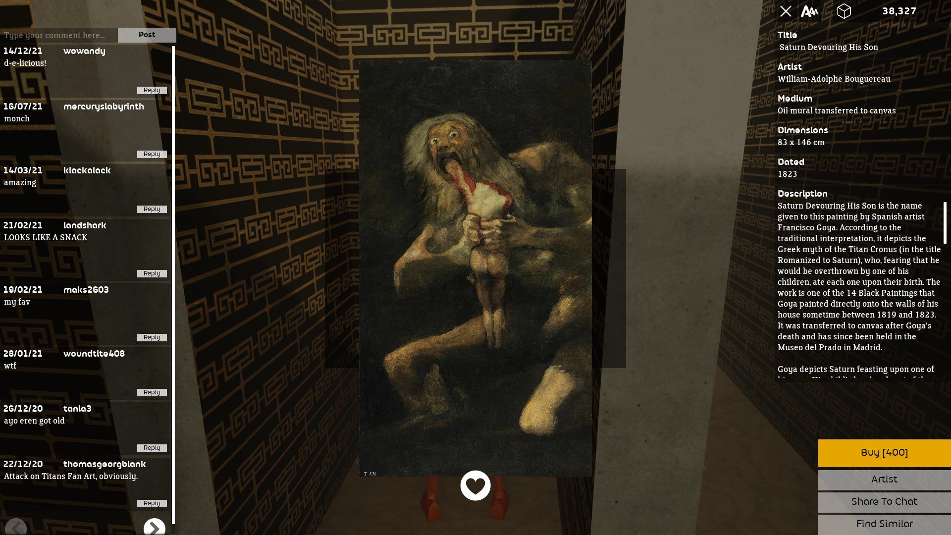 A painting of a titan eating a human.  His mouth is open and his eyes are wide
