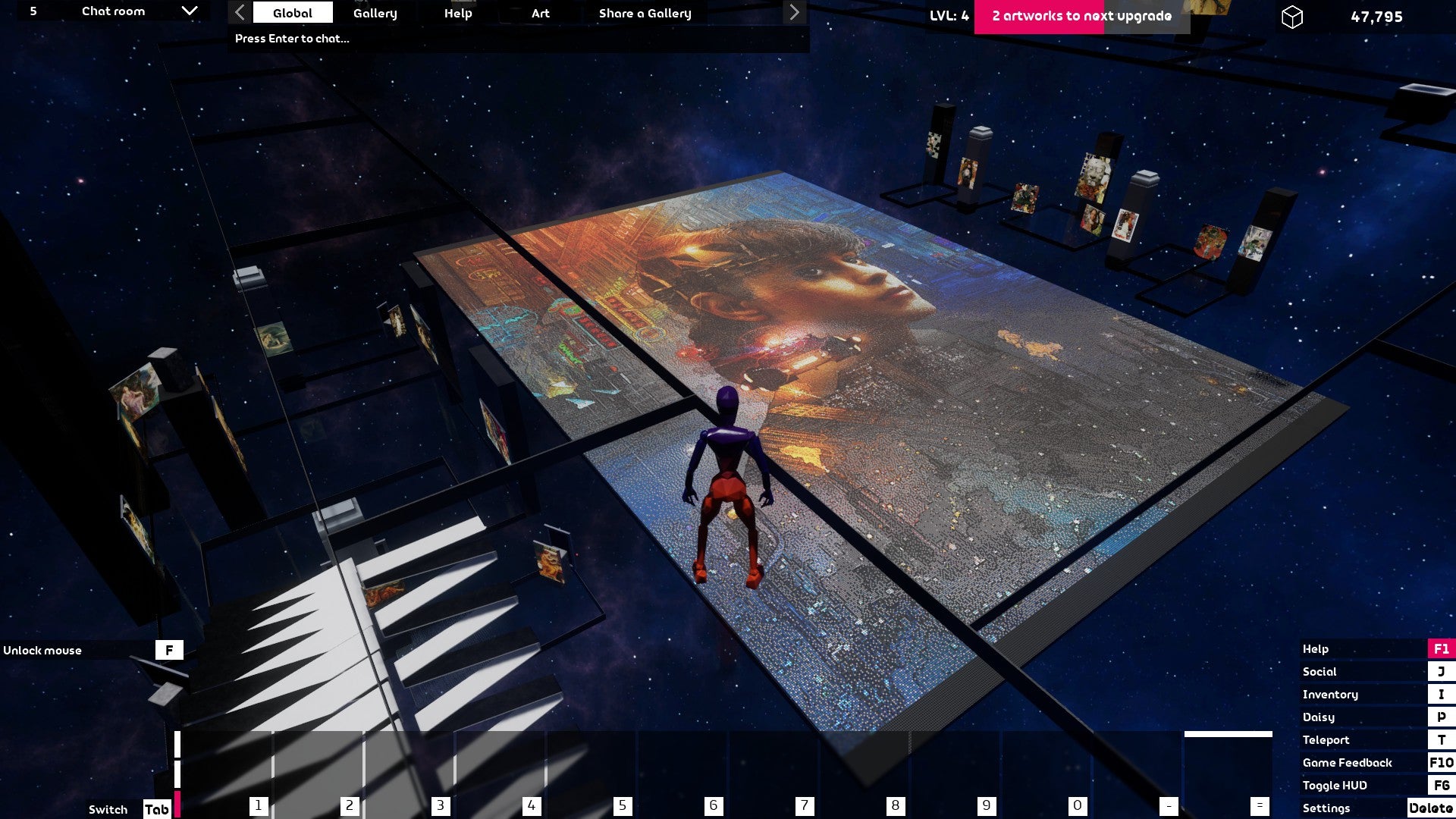 A manikin standing on a glass platform looking down at a big Blade Runner mosaic
