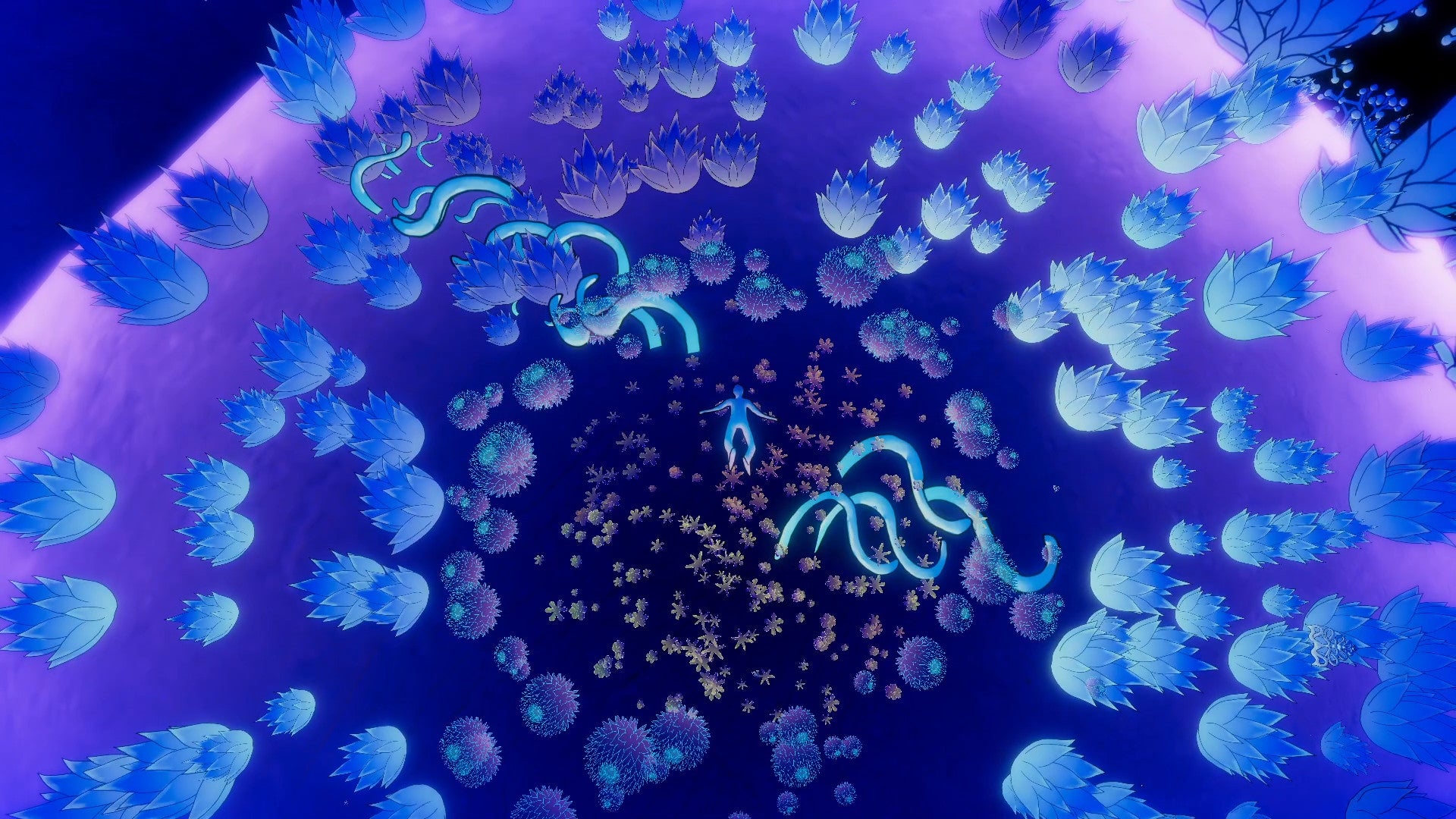 A small human is surrounded by very blue deep sea creatures.