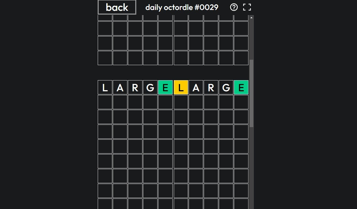 A screenshot of Octordle, in which you play Wordle 8 times simultaneously, showing a white grid on black into which the word "Large" has been entered.