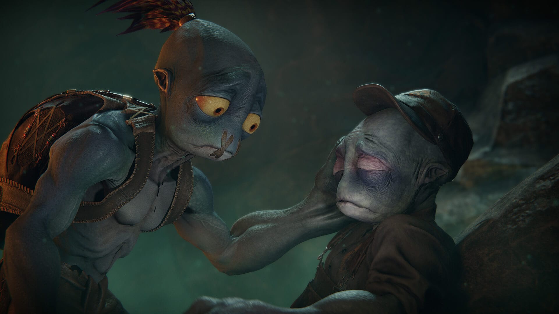 Abe comforts an alien pal in Oddworld: Soulstorm.