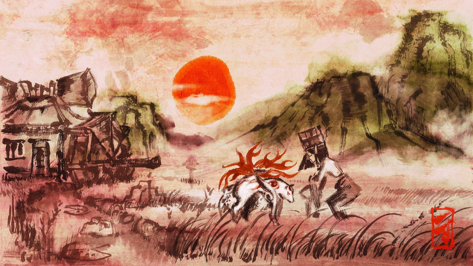 Artwork of Amaterasu and Kushi in a field in Okami