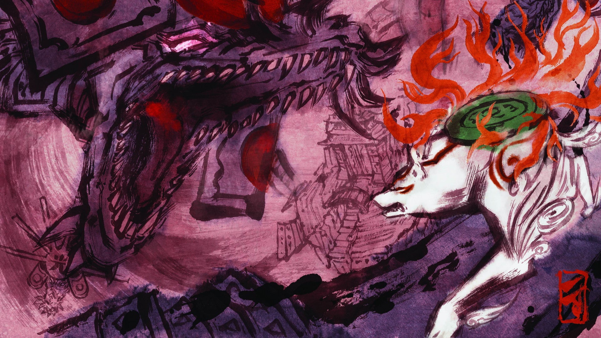 Artwork depicting Amaterasu's battle with Orochi in Okami