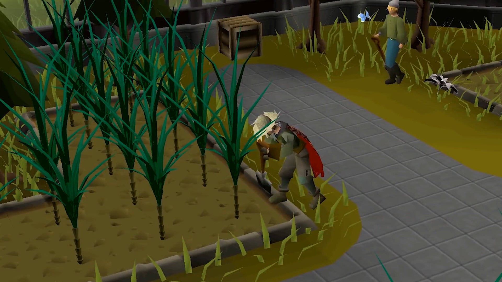 Um jogador cuida de suas colheitas em Old School Runescape.