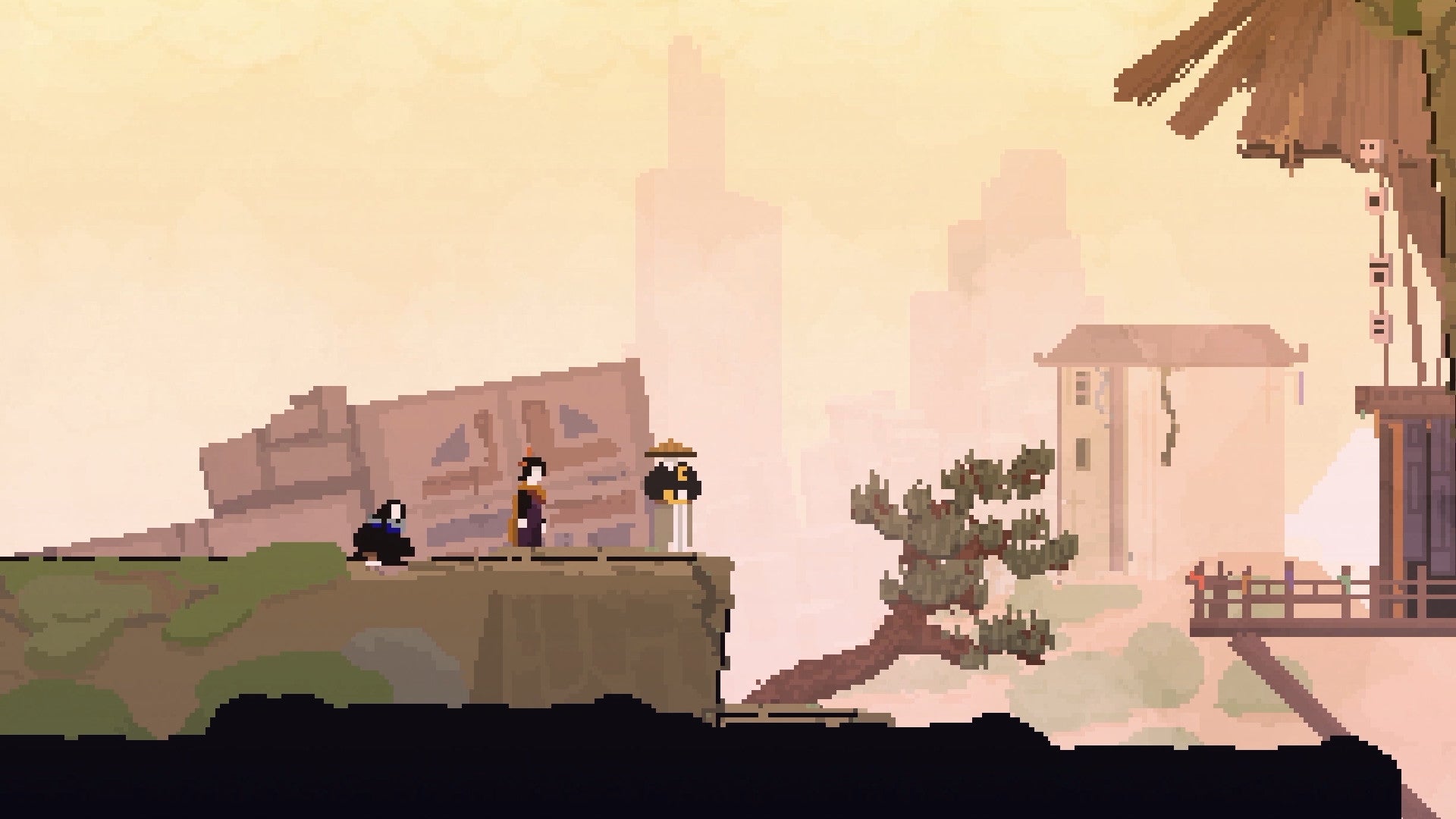 An Olija screenshot showing people in a ruined city.