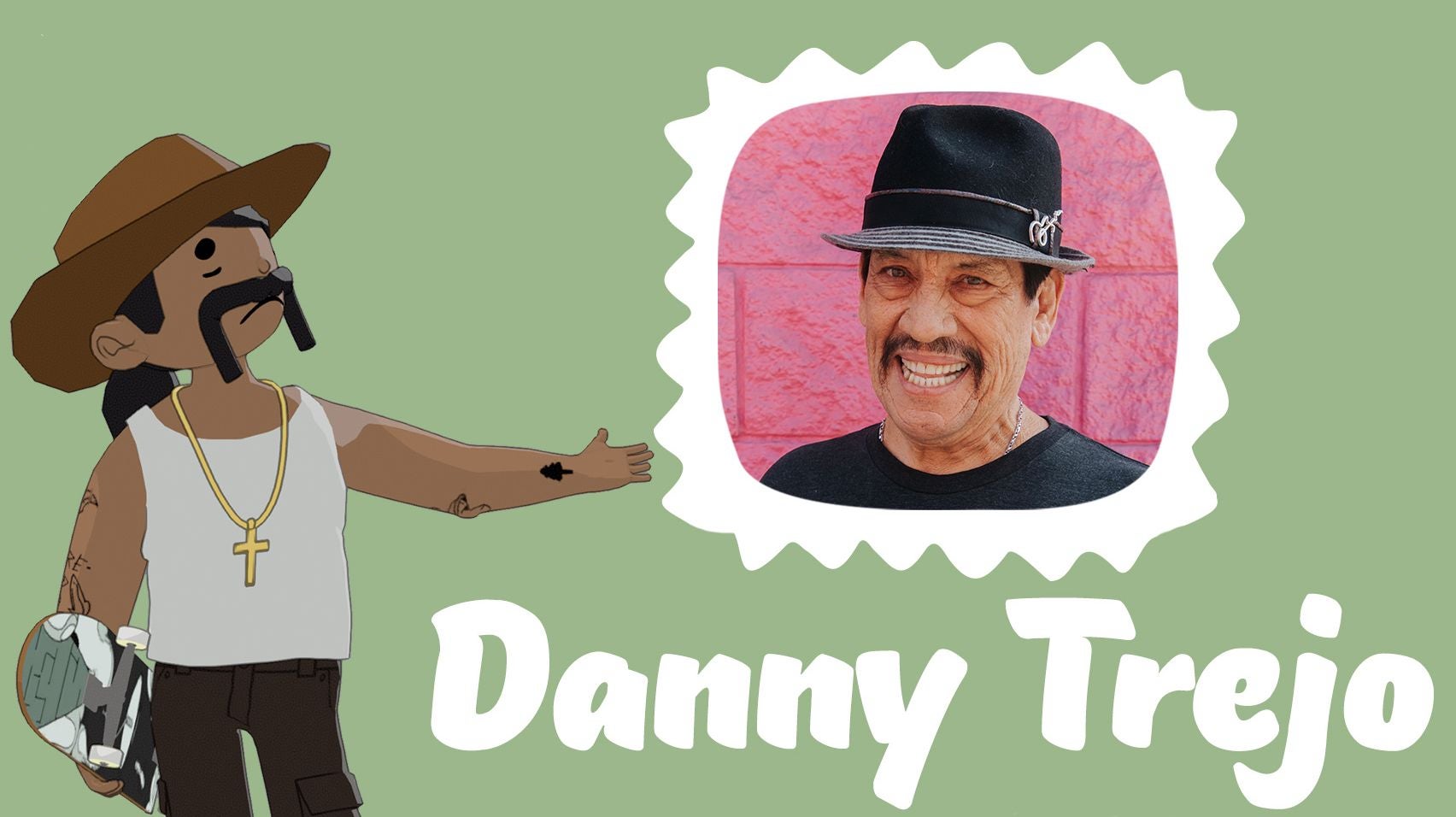 Danny Trejo from OlliOlli World gesturing proudly at a picture of live-action real life Danny Trejo, smiling happily